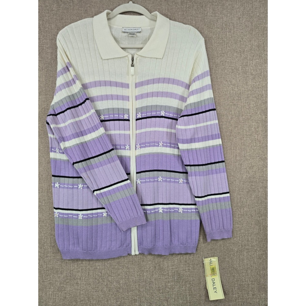 Allison Daley Women's VTG Rib Knit Zip Cardigan Sweater L Purple White Y2K
